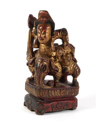 Figur eines Reiters auf Elefanten, der Elefantenjunges hochhebt, - Asiatica e arte islamico