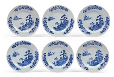 Sechs blau-weiße Teller von der Nanking Cargo China, um 1752 - Antiquitäten