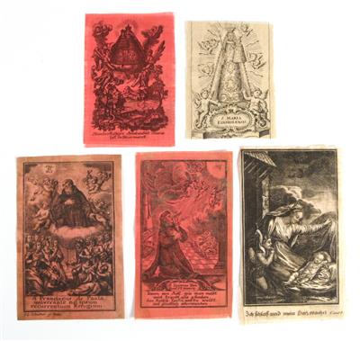 Fünf Heiligenbildchen auf Seide gedruckt, - Antiquitäten