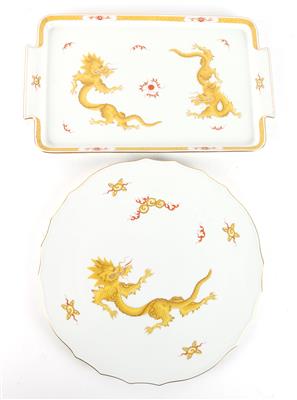 Tortenplatte und Sandwichplatte mit gelben Ming-Drachen, - Antiquitäten