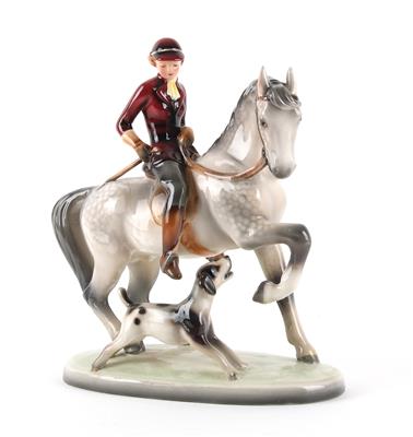 Reiterin auf scheuendem Pferd und Jagdhund, - Antiques