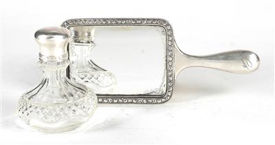Wiener Silberhandspiegel und Flakon mit Stöpsel, - Antiquitäten