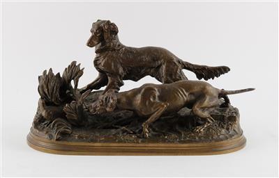 2 Jagdhunde mit Rebhuhn, - Antiques