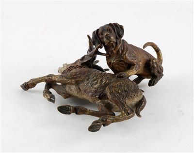 Erlegter Hirsch mit Jagdhund, - Saisoneröffnung - Antiquitäten