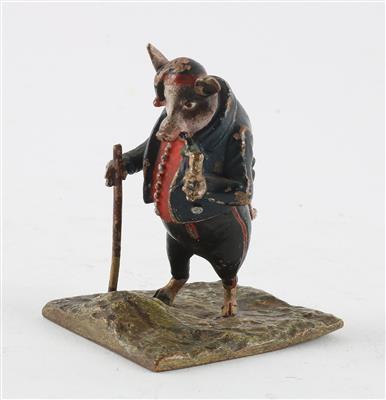 Schwein in Anzug mit Pfeife und Stock, - Saisoneröffnung - Antiquitäten