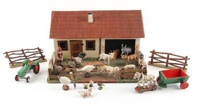 Elastolin Bauernhof mit Pferdefuhrwerk, um 1950, - Toys
