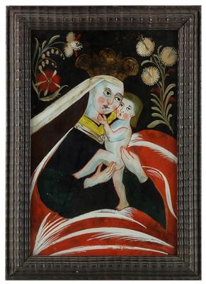 Hinterglasbild, Madonna mit Kind, - Antiquitäten