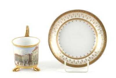 Vedutentasse mit Untertasse, - Antiques