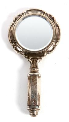Kleiner Silber Taschenhandspiegel mit integrierter Puderdose und Lippenstift, - Antiquitäten