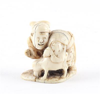 Netsuke eines Mannes mit Hündchen, - Starožitnosti