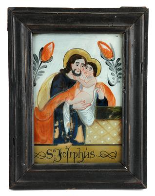 Hinterglasbild, Hl. Joseph mit Jesuskind, - Antiques