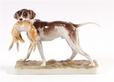 Jagdhund mit erlegtem Hasen, - Antiques