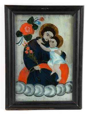 Hinterglasbild, Hl. Josef mit Jesuskind, - Antiques