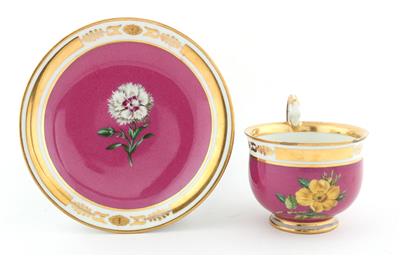 "Rosa lueta, Dianthus plumaris" Botanische Tasse mit botanischer Untertasse, - Antiquitäten