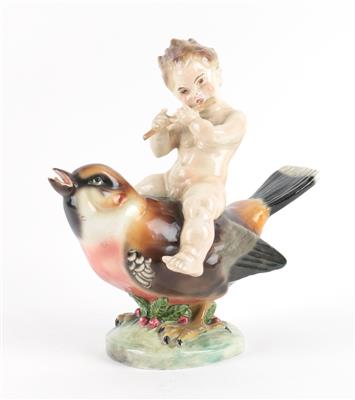 "Duett"-Flöte spielender Putto auf Meise sitzend, - Antiques