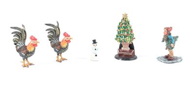 2 Hähne, 1 Wichtel, 1 Weihnachtsbaum, 1 Schneemann, - Antiquitäten