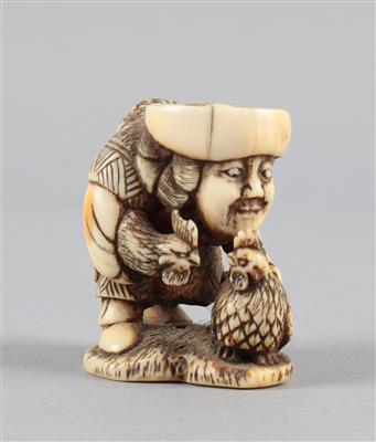 Netsuke eines Mannes mit Hahn und Henne, - Asiatika