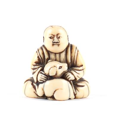 Netsuke eines sitzenden Mannes mit Hund, Japan, 19. Jh., - Asiatika