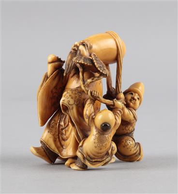 Netsuke oder kleines Okimono des Fukurukuju mit Knabe und Mann, - Asiatica