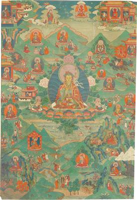 Thangka Padmasambhava "Der kostbare Guru" mit Episoden aus seinem Leben, Tibet, 18. Jh., Drikung Schule - Asiatica
