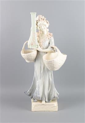Jugendstil Lampenfuß-Frau mit zwei Körben, - Antiquitäten