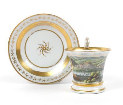 Vedutentasse mit Untertasse, - Antiques