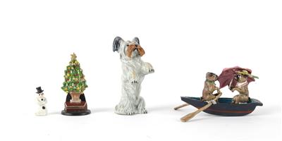 Biewer Terrier, Mops-Paar im Boot, Weihnachtsbaum und Schneemann, - Antiquitäten