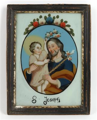 Hinterglasbild, S. Joseph mit Jesuskind, - Antiques