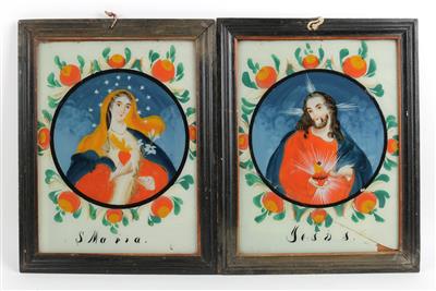 Zwei Hinterglasbilder, Jesus und S. Maria, Kaiserswalde, - Antiques