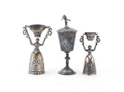 2 Miniatur Silber Brautbecher und 1 Deckelpokal, - Antiquariato