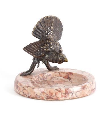 Bronze Auerhahn auf Marmorschale, - Antiques