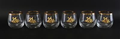 Whisky-Gläser mit goldenem plastischen Auerhahn, - Antiquariato
