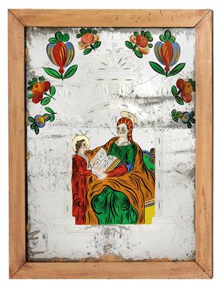 Großes Spiegelschliff Hinterglasbild, Hl. Anna lehrt Maria Lesen, - Antiquariato