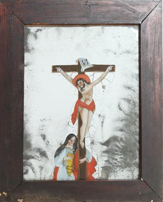 Spiegelhinterglasbild, Christus am Kreuz mit trauernder Magdalena, Tirol, - Antiques