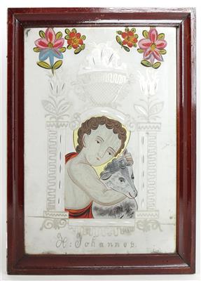 Zwei Spiegelschliff Hinterglasbilder Hl. Johannes d. Täufer und Jesus als Knaben, - Antiquariato