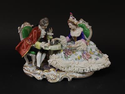 Dame und Herr beim Schachspiel, - Antiques