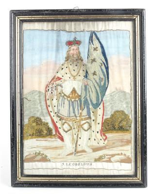 Zwei bestickte Seidenbilder, S. Theresia und S. Leoboldus, - Letní aukce Starožitnosti