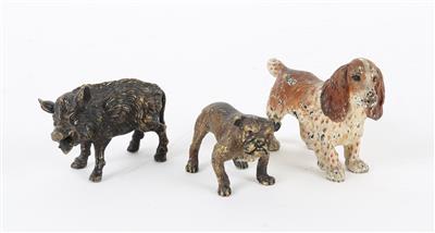 3 Wiener Bronzen, Französische Bulldogge, CockerSpaniel und Wildschwein, - Summer auction Antiques