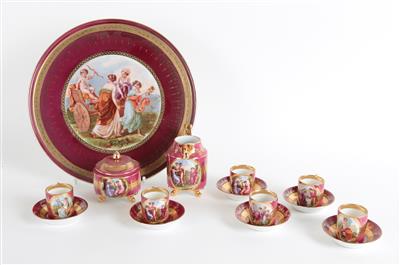 6 Mokkatassen mit Untertassen, 1 Gießer, 1 Zuckerdose mit Deckel, 1 Presentoir, - Summer auction Antiques