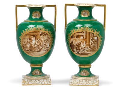 Paar Vasen mit Genreszenen nach holländischem Vorbild, - Summer auction Antiques