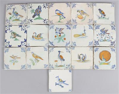 16 Delfter Fliesen mit Vogel-Motiven, 5 Fliesen mit Blumen-Motiven, - Antiquariato