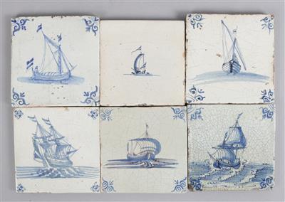 6 Delfter Fliesen mit Segelboot- Motiven, - Antiquariato