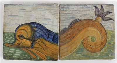 Zweiteiliges Delfter Kachelbild eines Delfins oder Wales, 17. Jh. - Antiquitäten