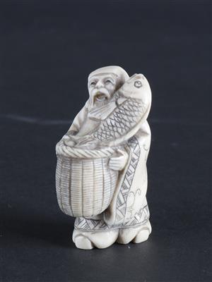 Netsuke des Ebisu mit Fisch, - Antiques