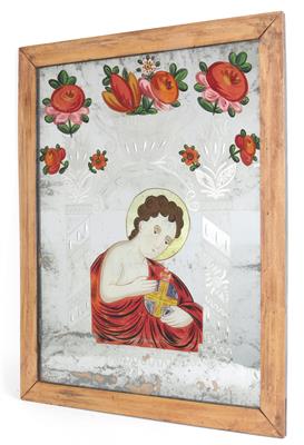 Spiegelschliff Hinterglasbild, Jesus mit Weltkugel, - Antiquitäten