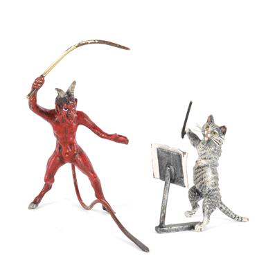 Zwei Wiener Bronzen, Teufel und Katze als Dirigent, - Antiques