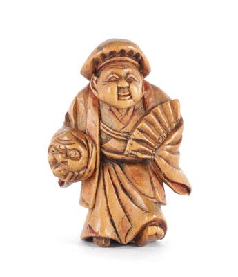 Netsuke eines Schauspielers mit Fächer und Maske, - Antiquitäten