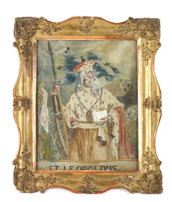 Seidenstickbild, St. Leopoldus, - Skulpturen, Volkskunst und Fayencen