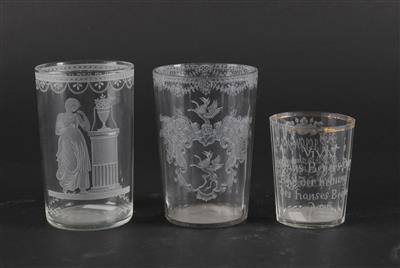 3 verschiedene Glasbecher, - Antiquariato