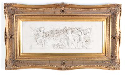 Dekoratives Steinguss Relief, Putti mit Blumenfestons, - Antiques